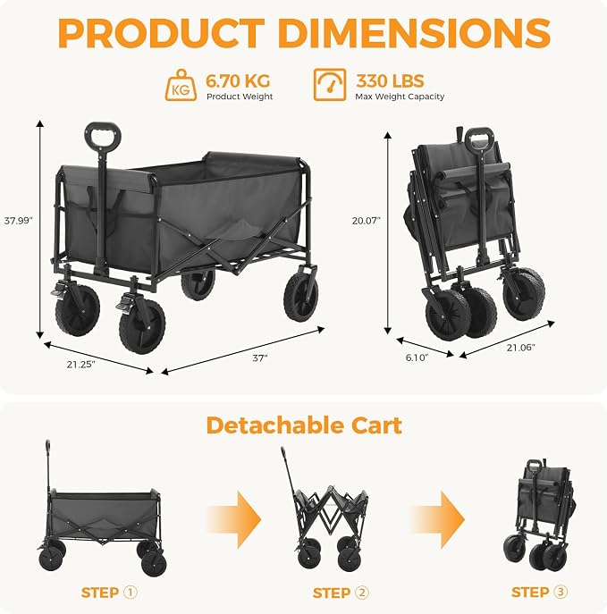 NEWBULIG Collapsible Wagon Cart, 102L Standard, Portable Heavy Duty Pull Cart with Lockable Wheels, 330 lbs Capacity, Adjustable Handle for Beach, Sports, Camping, Shopping & Garden, Gray