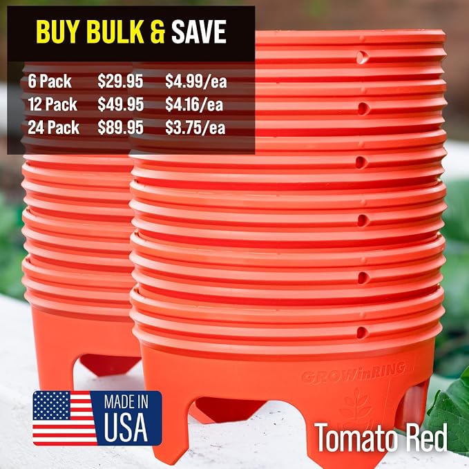 7 inch Solid Planting Grow Rings | 12 Pack Red | One-Piece Design for Deep Root Watering Veggies, Herbs & Flowers | Mulch & Soil Barrier | Deter Slugs and Cutworms | Heavy Duty | Made in USA