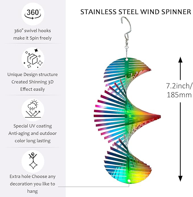 Aoedelyart Rainbow Wave Wind Spinners Outdoor Hanging Decor,Rainbow Helix Mini Wind Spinners for Yard and Garden Ornaments Gifts,7In Stainless Steel Reflective Wind Spinner Yard Art Wind Sculpture
