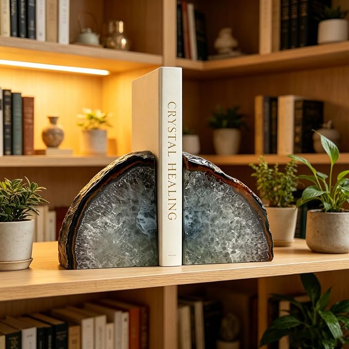 Natural Agate Geode Bookends - 2 to 3 lb Heavy Duty Rock Crystal Stone Book Ends for Shelves, with Rubber Bumpers, Decorative Book Holders for Home Office