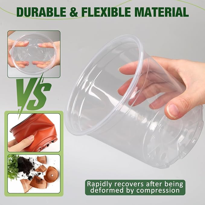 8 Inch Clear Nursery Pots with Drainage Holes and Saucers, 6 Pack Clear Pots for Plants Variety Pack, Seedling Pots for Succulents, Herbs, Flowers, Vegetables
