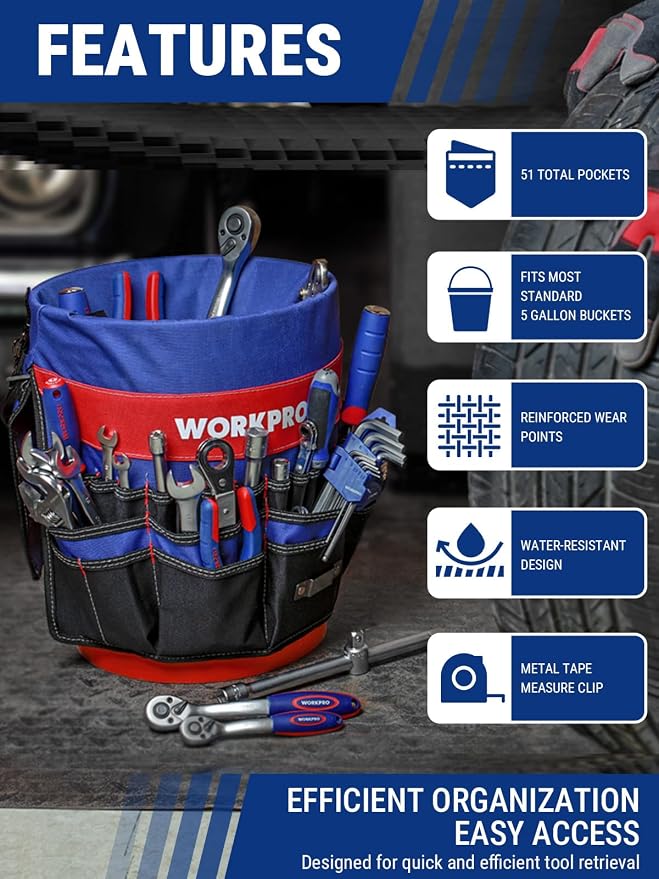 WORKPRO Bucket Tool Organizer with 51 Pockets Fits to 3.5-5 Gallon Bucket (Tools Excluded) | For Garden, Construction, Carpenter, Electrician, Welding