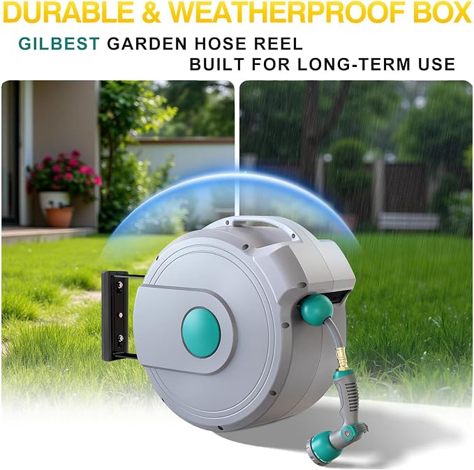 Retractable Garden Hose Reel 100 ft x 1/2" | Any Length Lock & 180°Swivel | All-weather Garden Hose Reel Wall Mount for Outside, Retractable Hose with 10-Pattern Nozzle for Cleaning, Watering