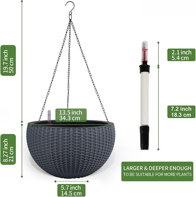 Dexceder 13.5 Inch Self Watering Hanging Planter (Gray) | Thickened Large Hanging Basket Flower Plant Pot with Water Level Indicator Indoor Outdoor