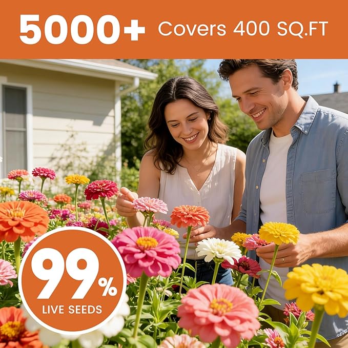Zinnia Seeds for 2026 Planting, 5000+ Flowers Seeds, 7 Vibrant Colors Mix & Large Bloom, Heirloom Wildflower Seeds for Pollinator Garden Outdoor Borders, Easy to Grow Annual Flowers