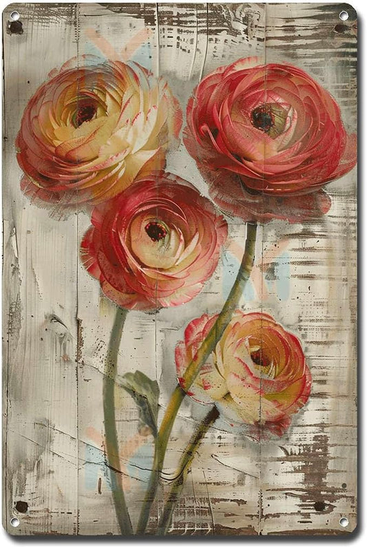 Metal Sign Tin Sign Vintage Wall Art Vintage Ruffled Ranunculus Tin Sign for Shabby Chic Interiors Rustic Elegance and Corrosion Resis Metal Garden Signs for Restaurant 6×8 Inches