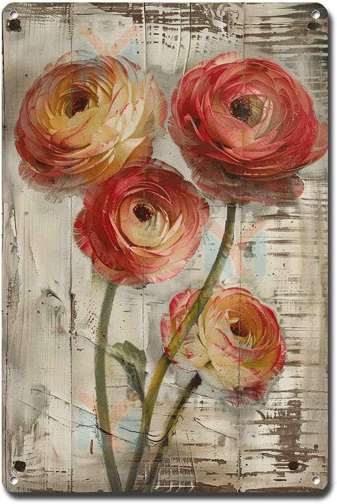 Metal Sign Tin Sign Vintage Wall Art Vintage Ruffled Ranunculus Tin Sign for Shabby Chic Interiors Rustic Elegance and Corrosion Resis Inspirational Wall Art for Bar 8×12 Inches