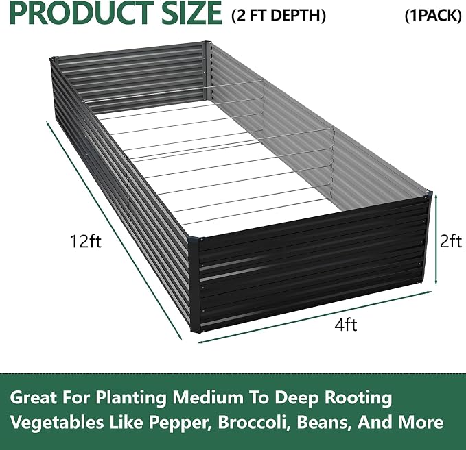 Vengarus 12x4x2FT Galvanized Raised Garden Bed Kit, Deep Root Planter Box Outdoor Large Planter Raised Beds for Planting Flowers,Vegetables and Herbs-Black
