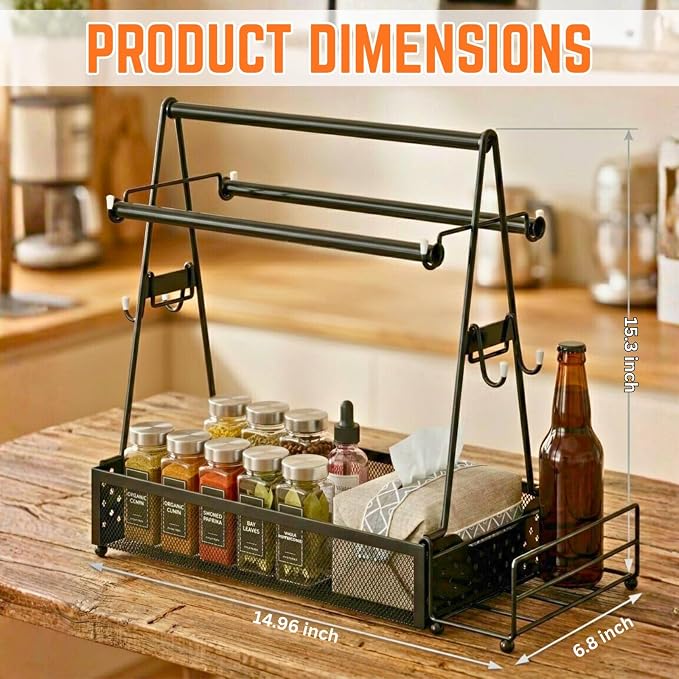 Grill caddy, BBQ Caddy Organizer with Paper Towel Holder, Black Metal Grill Accessory Rack, Kitchen Condiment Storage Basket with Utensil Holder
