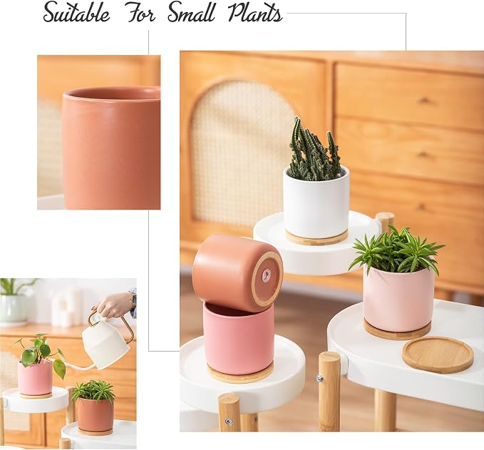 4 Inch Ceramic Plant Pot with Saucer, Multicolor Planters Pots with Drainage Hole and Mesh Pads for Succulent, Indoor Flowers, Snake Plants, Cactus, Herbs, Set of 4 (Plant Not Included)