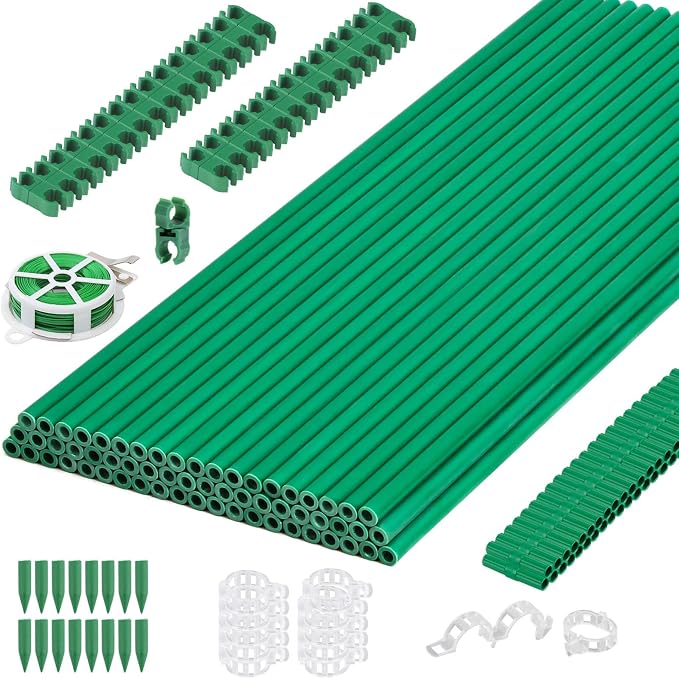 Cludoo 208PCS Garden Stakes Set with 60 Sets Fiberglass Plant Stakes Sticks Supports and Accessories, DIY 4ft 5ft 6ft 7ft Tomato Stakes for Tomato,Vegetables, Pepper, Fences Indoor Outdoor Plants