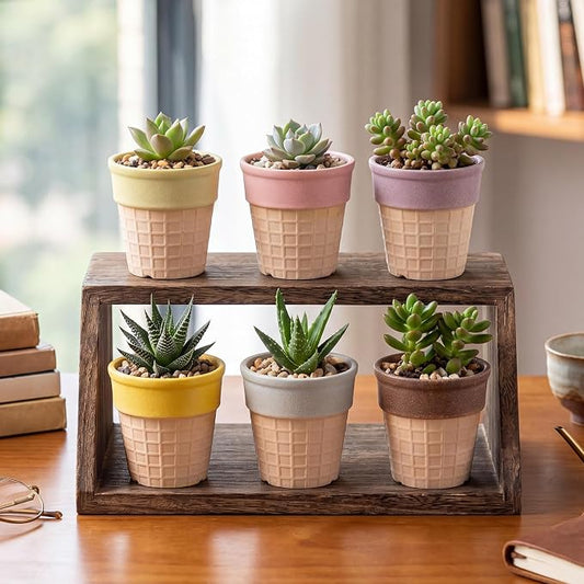 6 Pcs Ice Cream Cone Flower Planter 6 Assorted Colors 2.8 Inch Small Ceramic Pots for Mini Plant Succulent Cactus Flower Tillandsia Air Fern Home Office Desktop Decor
