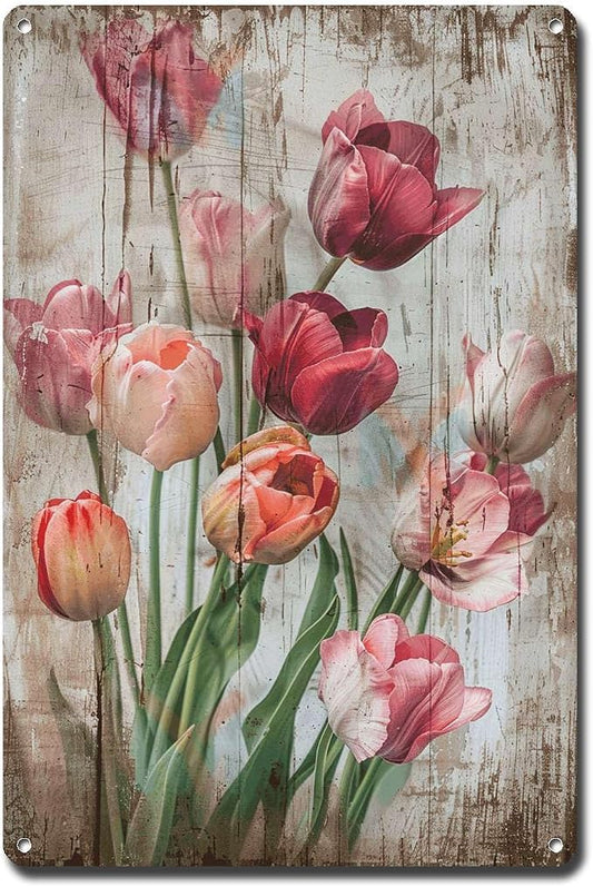 Metal Sign Tin Sign Vintage Wall Art Vintage Tulips Tin Sign for Rustic Wall Art Shabby Chic Interiors and Corrosion Resistant Aluminu Tin Signs for Garden for Home Decor 8×12 Inches
