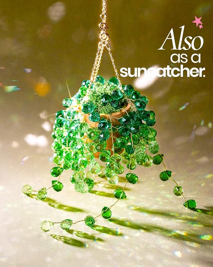 Deinduser Beaded Plant Kit, DIY Hanging Suncatcher Craft Kit with Glass Crystal Beads, Pot, Chain, Faux Moss, Air Dry Clay, Instruction Booklet & Video Tutorial, Tabletop or Window Decor Gift
