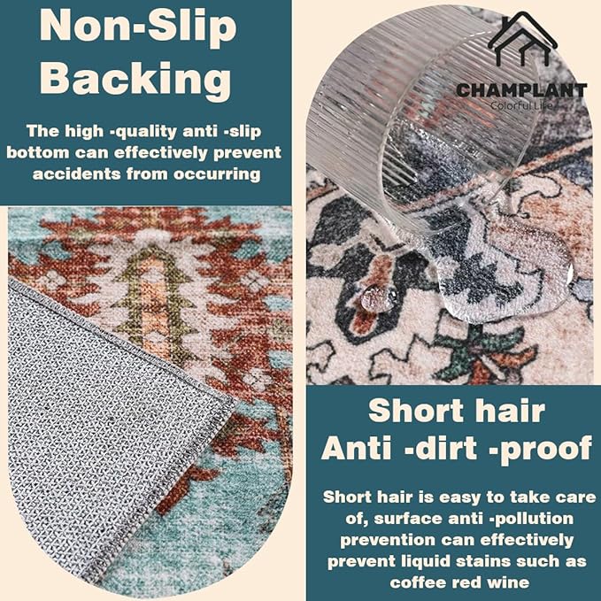 CHAMPLANT Area Rug 6'x9' Washable Red Blue Rug Vintage Traditional Floor Cover Retro Kitchen Indoor Distressed Non Slip Carpet Floral Print Mat Living Room Bedroom Dining Room