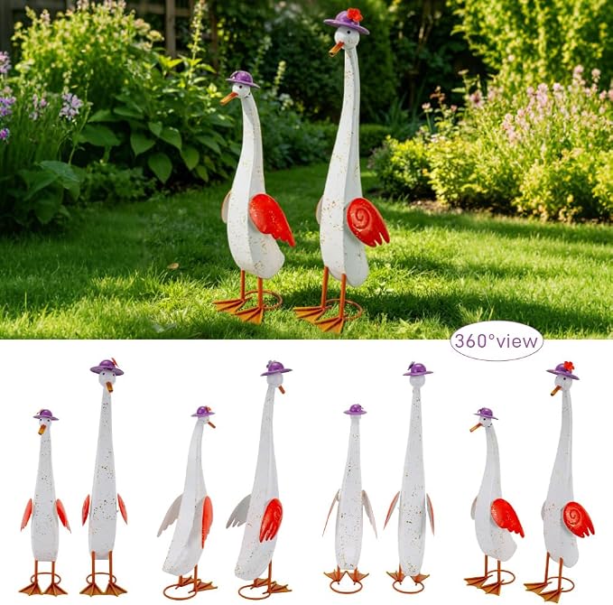 22" Duck Garden Statue Set of 2 Metal Ducks | Outdoor Yard Art Porch Animal Figurine Lawn Ornament Rustproof Yard Sculptures for Outside Patio Backyard Decorations