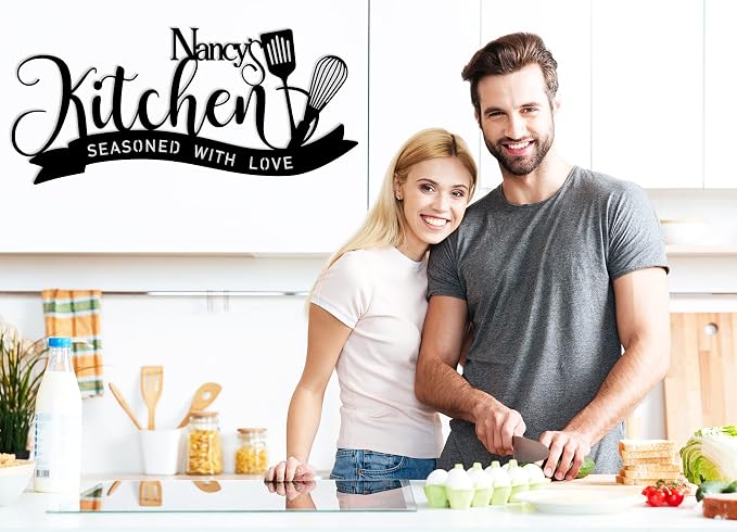Personalized Kitchen Sign Custom Name Metal Wall Decor, Kitchen Wall Art with Seasoned With Love Quote, Family Name Kitchen Decoration, Rustic Farmhouse Home Decor, Housewarming Anniversary Wedding Gift for Couples
