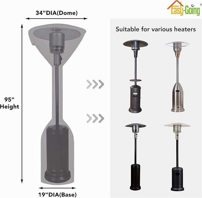 Easy-Going Stand-Up Patio Heater Cover with Zipper and Storage Bag, Waterproof Outdoor Heater Cover Dustproof, UV-Resisant, Wind-Resistant (95"H x 34"D x 19"B, Grey)