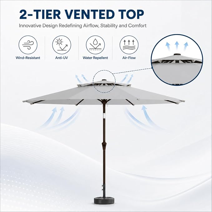 10FT Patio Umbrella, 2 Tier Outdoor Table Umbrella, Large Vented Market Umbrellas with Push Button Tilt and Crank, 8 Sturdy Ribs for Backyard, Deck, Pool, UPF50+ UV Protection