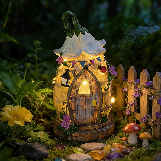 Resin Fairy Garden Statue with Solar Light Perfect for Garden Decor, Featuring a Charming Morning Glory Vine adorning its Crown.Ideal for birthday gifts and building fairy-tale cottages,12.2 inches.