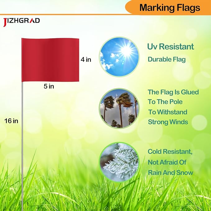 100Pack Red Marking Flags, JIZHGRAD 16x4x5 Inch Marker Flags Use for Yard & Lawn, Boundary & Dog Training, Survey & Landscape, Sprinkler & Surveyor, Garden & Construction, High Visibility, Sturdy, Versatile, UV & Weather Resistant