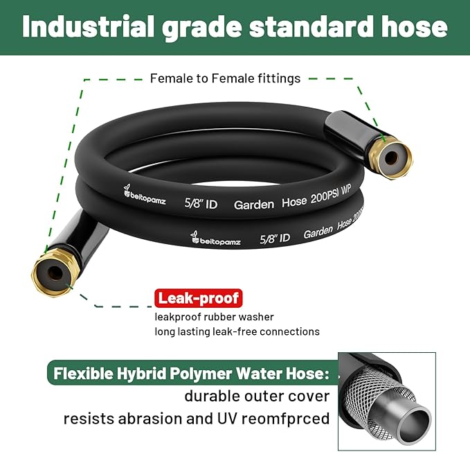 Beitopamz Short Garden Hose 5 ft x 5/8" Female to Female, Heavy Duty Small Water Hose Extender Connector, Leak-Free Connections Hybrid Rubber Leader Hose with 3/4" Double GHT Fittings, Black