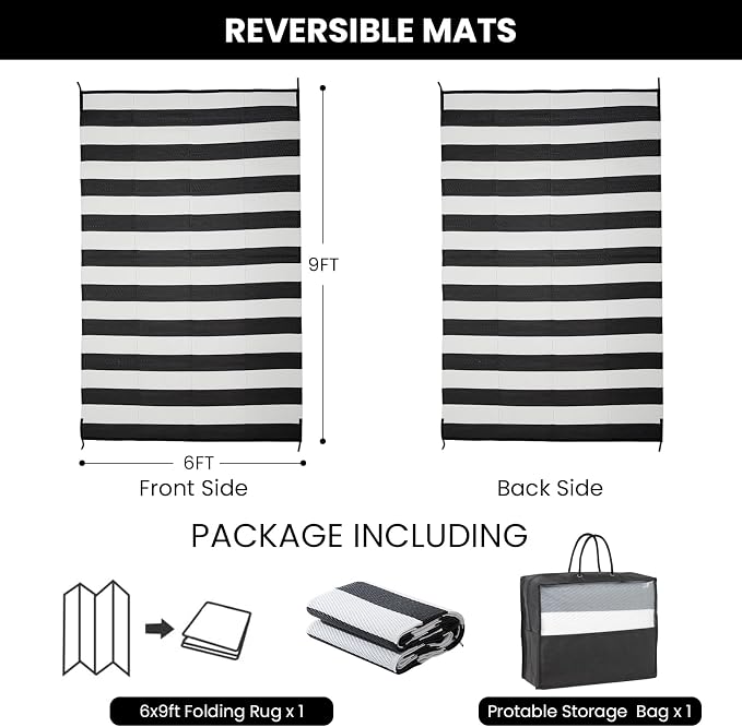 Outdoor Rug 6 x 9 ft, Reversible Plastic Straw Rug for Patio, Waterproof Large Outdoor Carpet for RV, Patio, Camping, Backyard, Deck, Picnic, Beach, Black & White