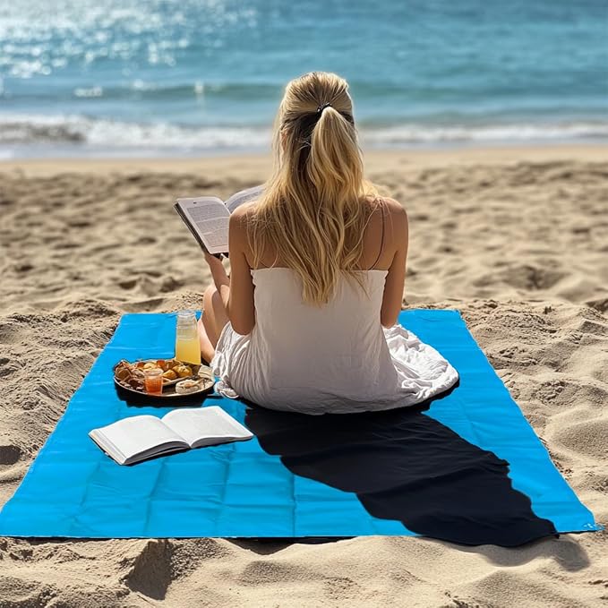 Outdoor Pocket Blanket, 55"x39" Waterproof Foldable Compact Small Picnic Blanket, Ultralight Tarp for Camping, Festival, Beach, Hiking, Backpacking, Travel, Stakes Included (Sky Blue)