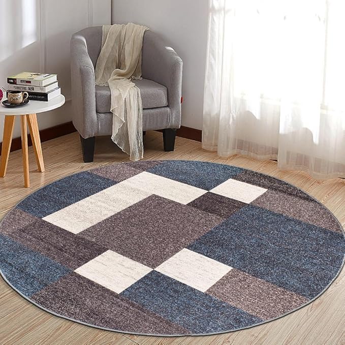 Rugshop Modern Boxes Non-Slip Living Room Kitchen Round Rug Blue 8' | Round, Size 8', Bedroom, Dining Room, Home Office, Entryway, Hallway, Nursery, Kids Room, Guest Room, High Traffic Area