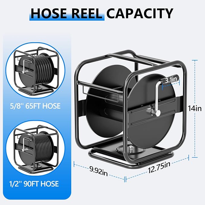 SPECILITE Metal Heavy Duty Garden Hose Reel, 360° Rotation Frame, 65-90 Ft of Hose Storage Capacity, Stable and Portable Wall/Floor Mount Water Pipe Spool, Black