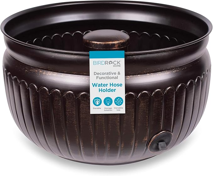 BIRDROCK HOME Water Hose Holder - Decorative Metal Pot, Indoor or Outdoor, Garden Storage Organizer, Patio Portable Bucket - Distressed Bronze, Holds up to 100ft Hoses, Medium No Lid