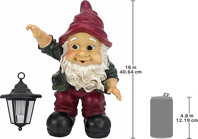 Design Toscano QL30314 Solar Garden Gnome Statue - Edison Gnome with Solar Lantern - Outdoor Garden Gnomes - Lawn Gnome Statues,full color