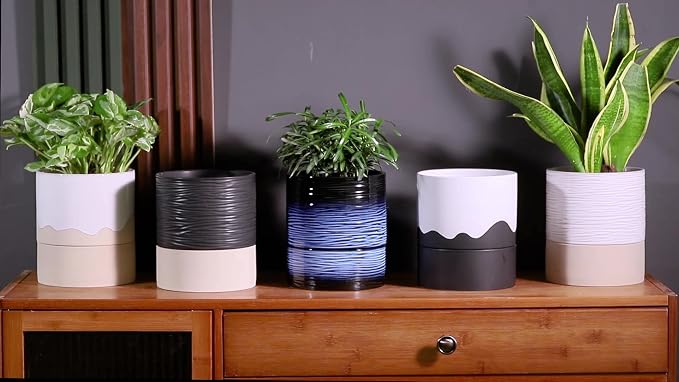 Nihow Ceramic Self Watering Plant Pot for Indoor Plants,6 Inch,White | Planter with Cotton Wick, Drainage Hole & Water Storage Plus, Cylinder Round Flower Pot, For Succulent/Herbs/Violets
