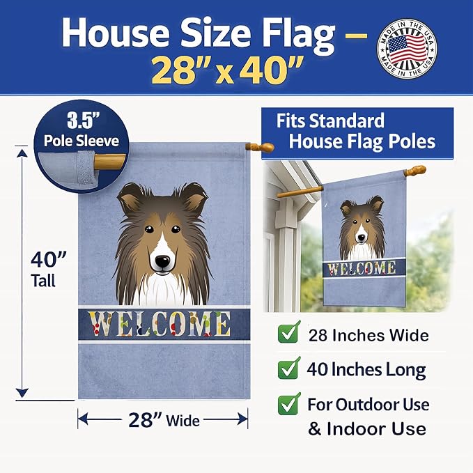 Caroline's Treasures BB1428CHF Sheltie Welcome House Flag, Blue Large Porch Sleeve Pole Decorative Outside Yard Banner Artwork Wall Hanging, Polyester, House Size, Multicolor