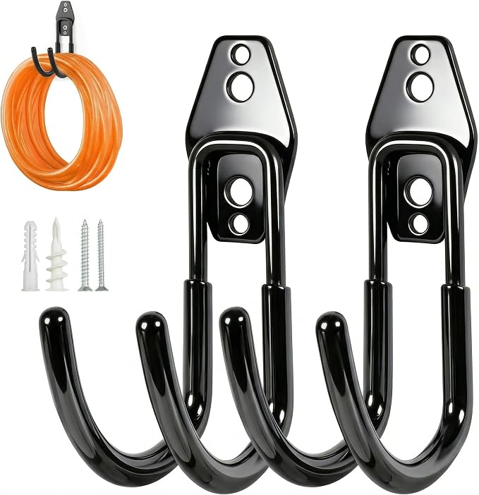 Hose Hanger Wall Mount 2 Pack,Heavy Duty Hose Holder with Screws Metal Hose Hangers for Outside,Hose Rack Suitable for Garage,Garden and Yard,Black