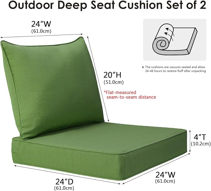 Unimatta Outdoor Patio Chair Cushions Set, 24" x 24", Set of 2, Water-Repellent, Fade Resistant, Deep Seat Bottom and Back Cushion for Backyard, Couch, Sofa and Patio Furniture, Lawn Green