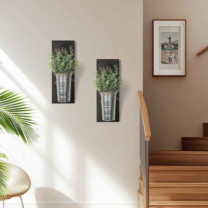 SHOHAYTO Farmhouse Wall Decor Set of 2 - Wood Hanging Planters with Artificial Eucalyptus, Rustic Vertical Pocket Vases for Bathroom Kitchen, Indoor Greenery Decor