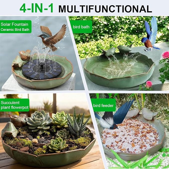 Solar Hummingbird Fountain,Ceramic Birdbath Bowl Water for Outdoor, Solar Powered Ground Bird Feeders and birdbath for Outdoors, Tabletop, Deck, Balcony Patio, Lawn,Yard Garden Decor