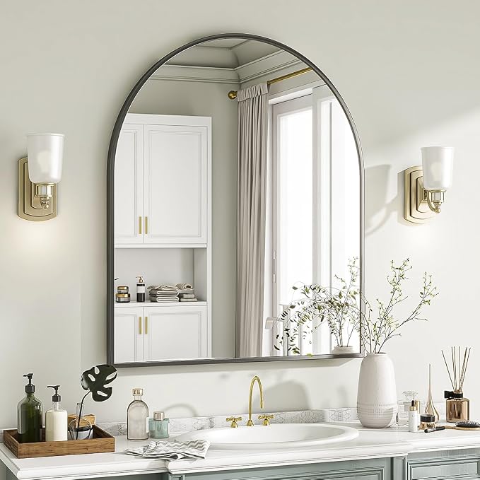 Arched Wall Mirror, 26 x 28 inch Arch Bathroom Mirror, Wall Mounted Vanity Mirror with Arch Metal Frame, Modern Bathroom Vanity Mirror for Bedroom, Living Room, Hanging or Leaning, Black