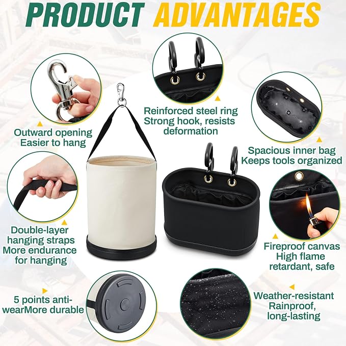2 Pack Canvas Bucket & Oval Tool Bag, Bucket Tool Organizers with Reinforced Bottom and Hook for Lineman Electrician Construction Workers (White + Black)