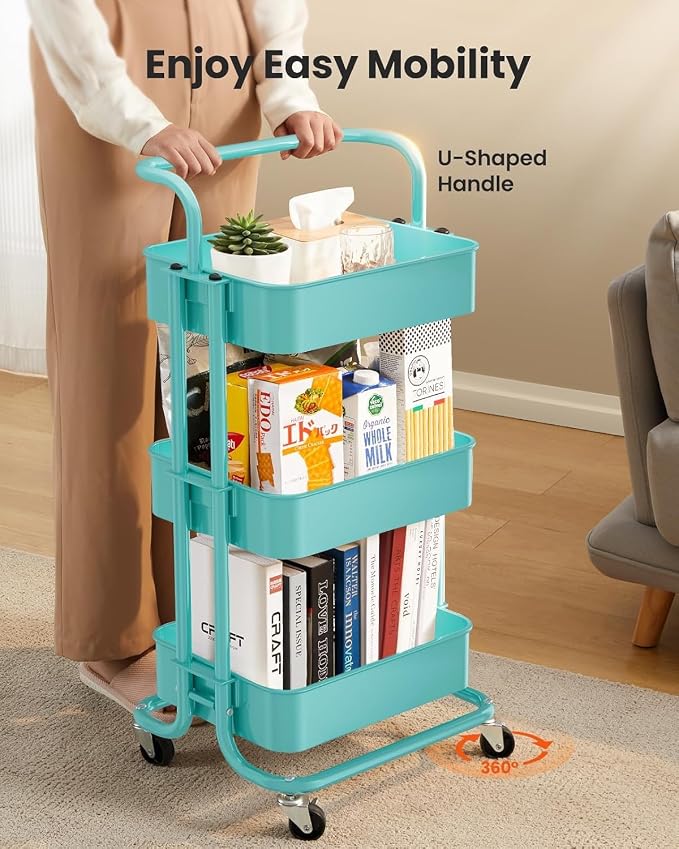 Pipishell 3 Tier Rolling Cart, Metal Utility Cart with Wheels and Handle, Rolling Storage Cart for Nursery Room, Living Room, Painting Room, Office and Kitchen, Turquoise