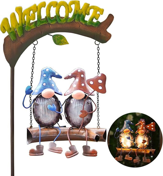 Gnomes Garden Decor Solar Lights, 48 Inch Welcome Sign Swing Yard Decorations Outdoor Decorative Stake for Lawn Porch Backyard Patio, Gnome Gardening Gifts for Women Mom