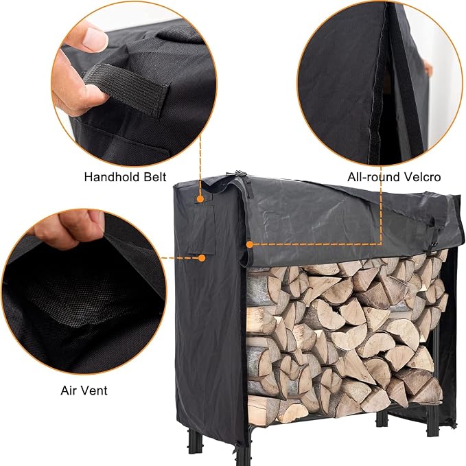 Firewood Log Rack Cover, Heavy Duty Waterproof Oxford Fabric, Outdoor Log Storage Rack Cover, 6ft Fire Wood Protection Cover for Wood Logs, Weatherproof UV Protection, Black
