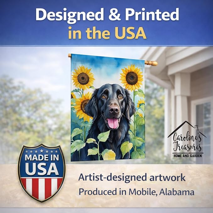 Caroline's Treasures DAC6078CHF Flat-Coated Retriever in Sunflowers House Flag Large Porch Sleeve Pole Decorative Outside Yard Banner Artwork Wall Hanging, Polyester, House Size, Multicolor