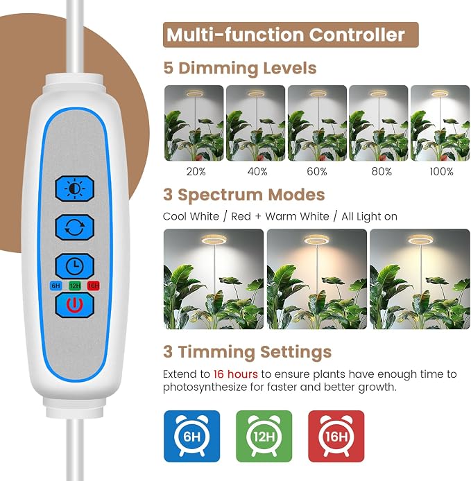 Kullsinss Grow Light, Full Spectrum LED Plant Lighs for Indoor Growing with 6/12/16H Timer, 3 Color Modes, 5 Brightness, 10"-60" Height Adjustable Plant Grow Lamp for Tall Indoor Plants (3 Pack)
