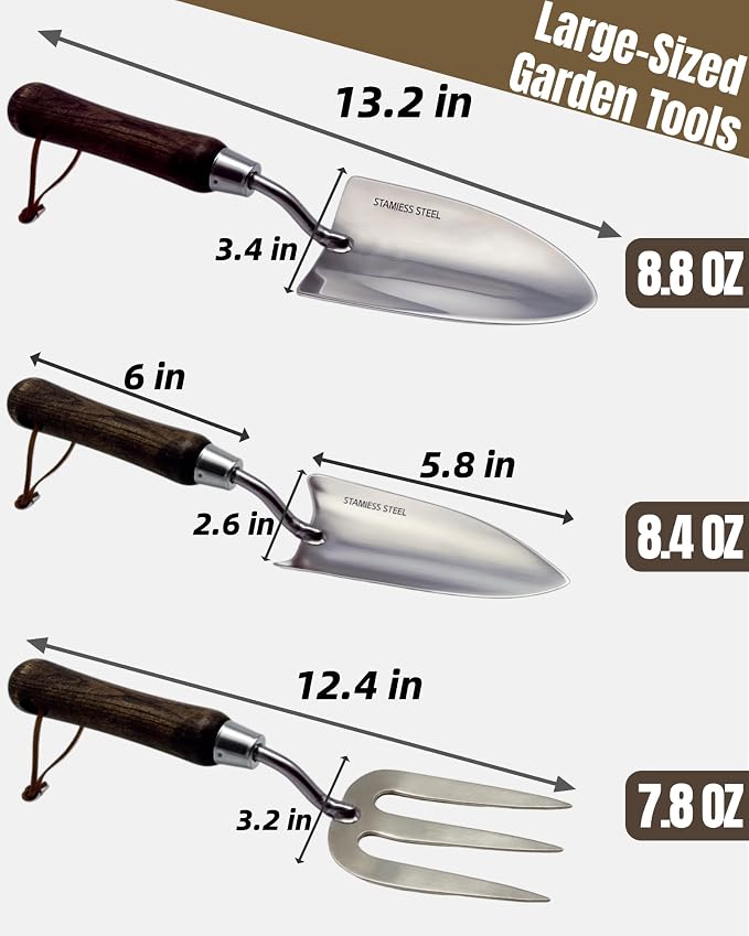 Garden Tool Set, 6PCS Heavy Duty Stainless Steel Gardening Hand Tools with Ropes, Includes Hand Cultivator Shovel Trowel Transplanter 2-in-1 Hoe Pruner, Ideal Gardening Gifts for Women Men (Upgrade)