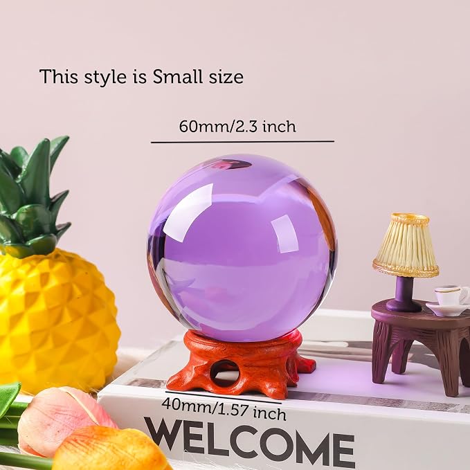 Purple Crystal Ball 60mm Crystal Ball with Wooden Stand and Gift Box for Magic,lensball Photography,Family Decorative,Fortune Teller,Feng Shui,Witchcraft,Witchy Gifts,Witch Decor,and Halloween Decor