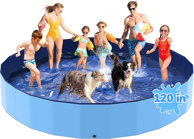 120'' Foldable Dog Pool, Kiddie Pool, Heavy Duty Non-Slip Plastic Pet Wading Pool for Large Dogs, Indoor and Outdoor Kids Pet Dog Bathtub