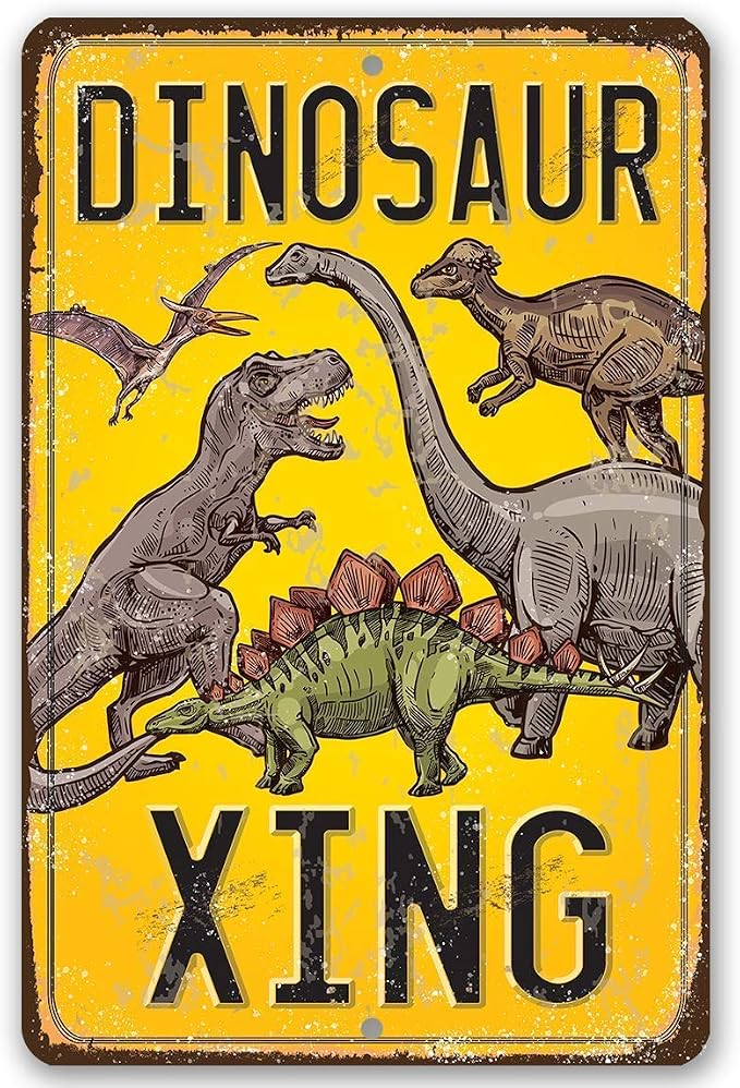 Dinosaur Crossing Sign - Cool Tin Sign for Wall Decor, Dinosaur Party Decoration Signs, Dinosaur Poster for Boys Room and Play Room, 8x12 Use Indoors or Outdoors Durable Rustic Metal Sign