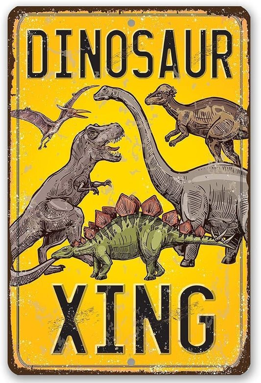 Dinosaur Crossing Sign - Cool Tin Sign for Wall Decor, Dinosaur Party Decoration Signs, Dinosaur Poster for Boys Room and Play Room, 8x12 Use Indoors or Outdoors Durable Rustic Metal Sign